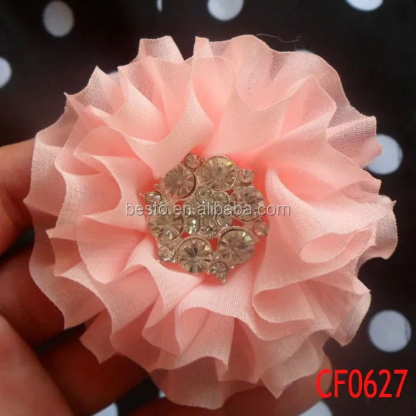 Cf0627 Pretty Handmade Rhinestone Buckle Pink Chiffon Flower