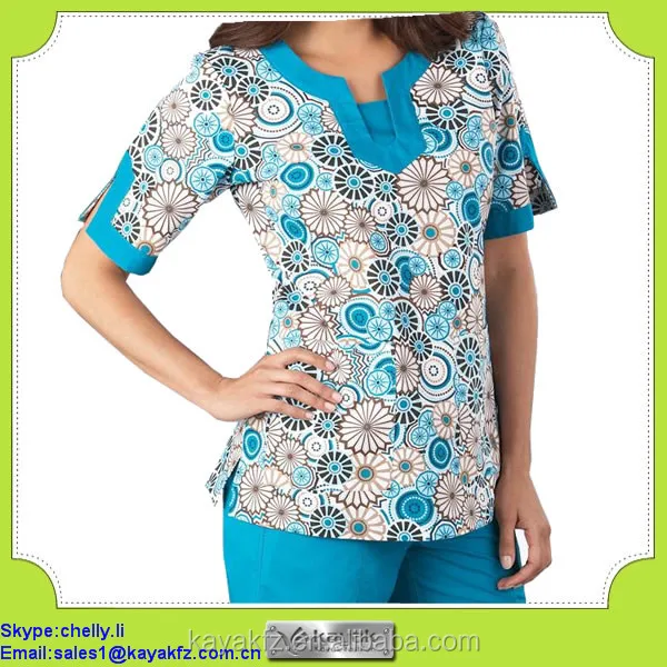 Flower Printed Fashionable Nurse Uniform Designs For Hospital Doctor