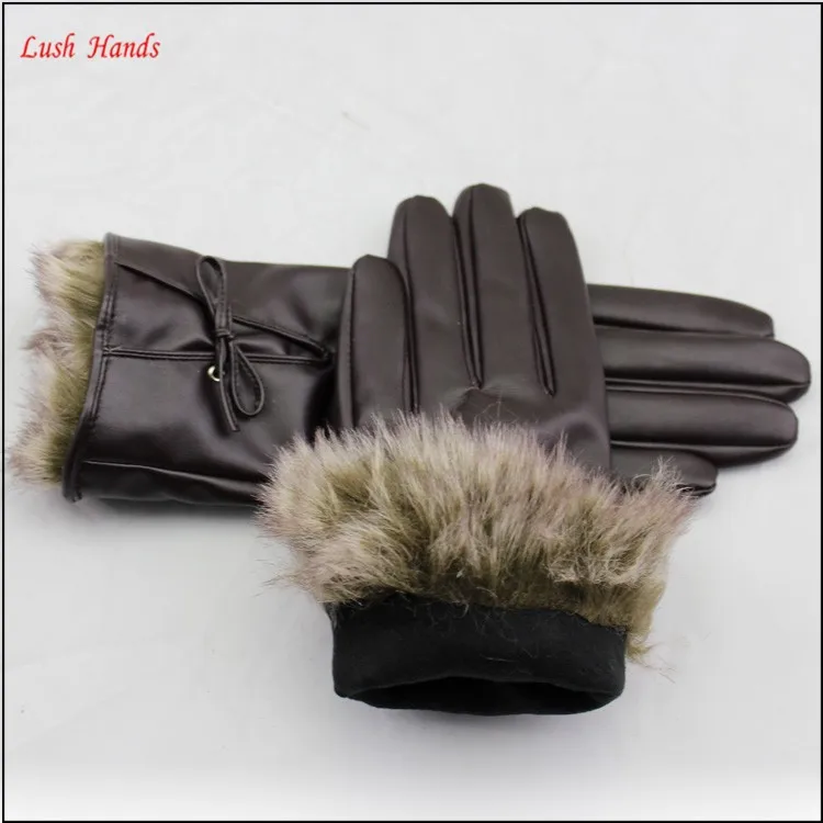 ladies brown pu leather hand gloves with fake fur