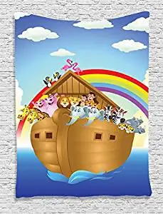 Cartoon Group of Animals in Noahs Ark Childish Cheering Design Artwork Ambesonne Noahs Ark Decor Collection Polyester Fabric Bathroom Shower Curtain Blue Peru Yellow 84 inches Extra Long