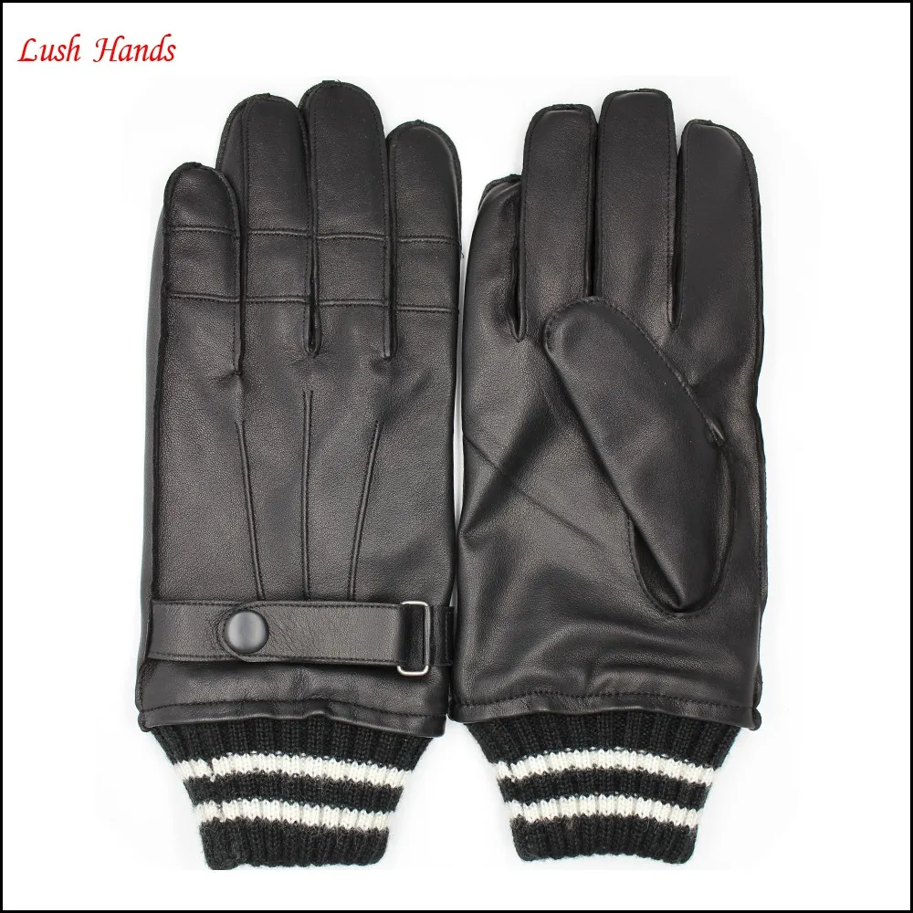 Men's warm knit cuff leather gloves with outside sewing