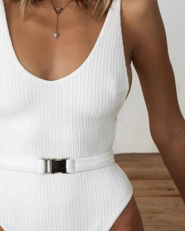 2019 New Stock White With Belt Swimwear Textured One Piece Swimsuit