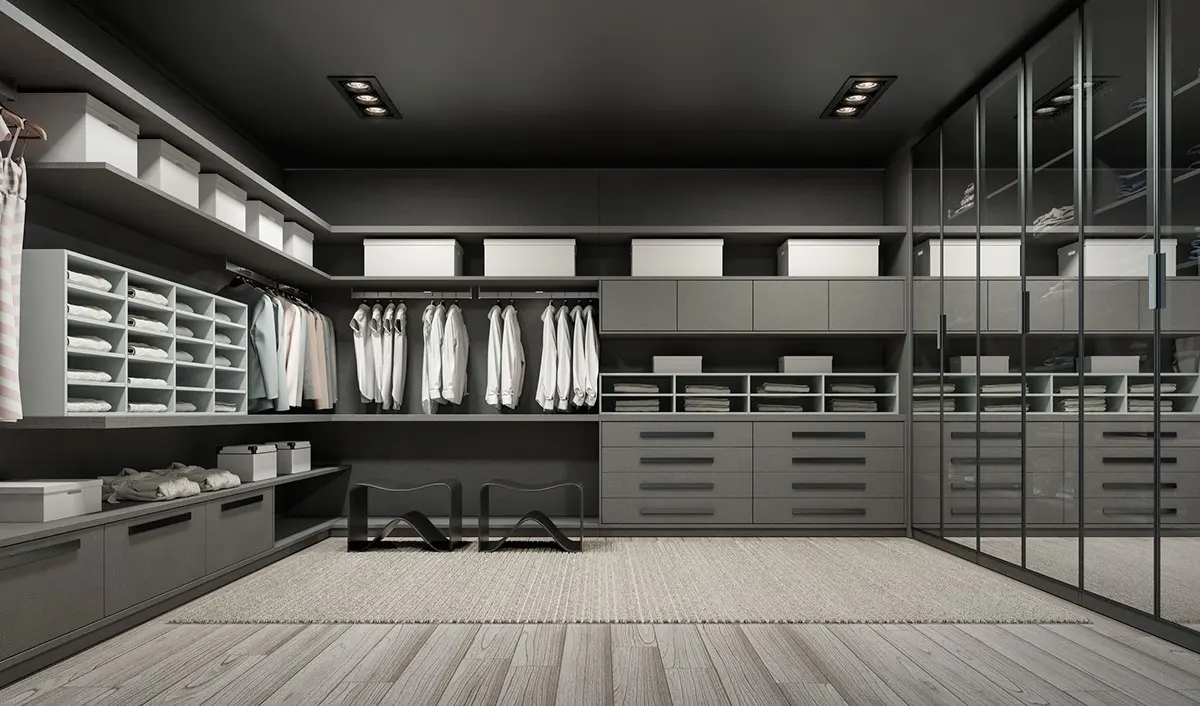 Modern Black Luxury Walk In Closet Dressing Room Wardrobe Stock