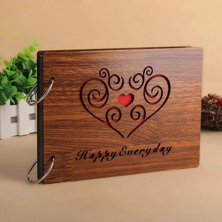 Waterproof Cover Ring Binding 6x8 Wood Carved Photo Album With 250 GSM Black Pages