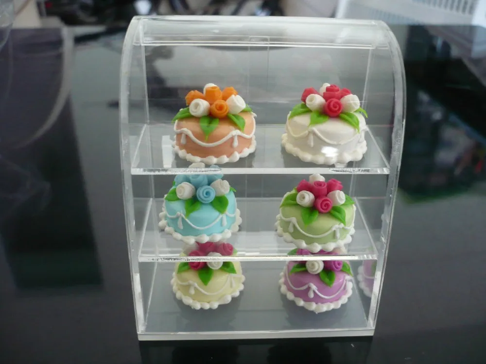 6 Round Cakes in Acrylic Table Top Display Unit Dollhouse Miniature Supply Deco