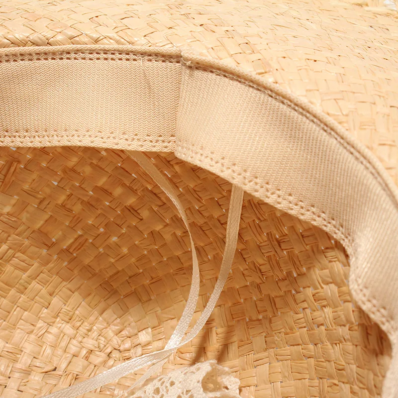 Women Summer Hats Large Raffia Straw Hat Lace Ribbon Laceup Beach Caps