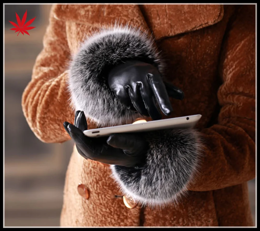 High quality ladies Fur touch screen sheepskin leather gloves