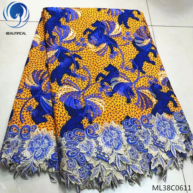 Beautifical African Wax Prints Fabric With Lace 100% Cotton Embroidery ...