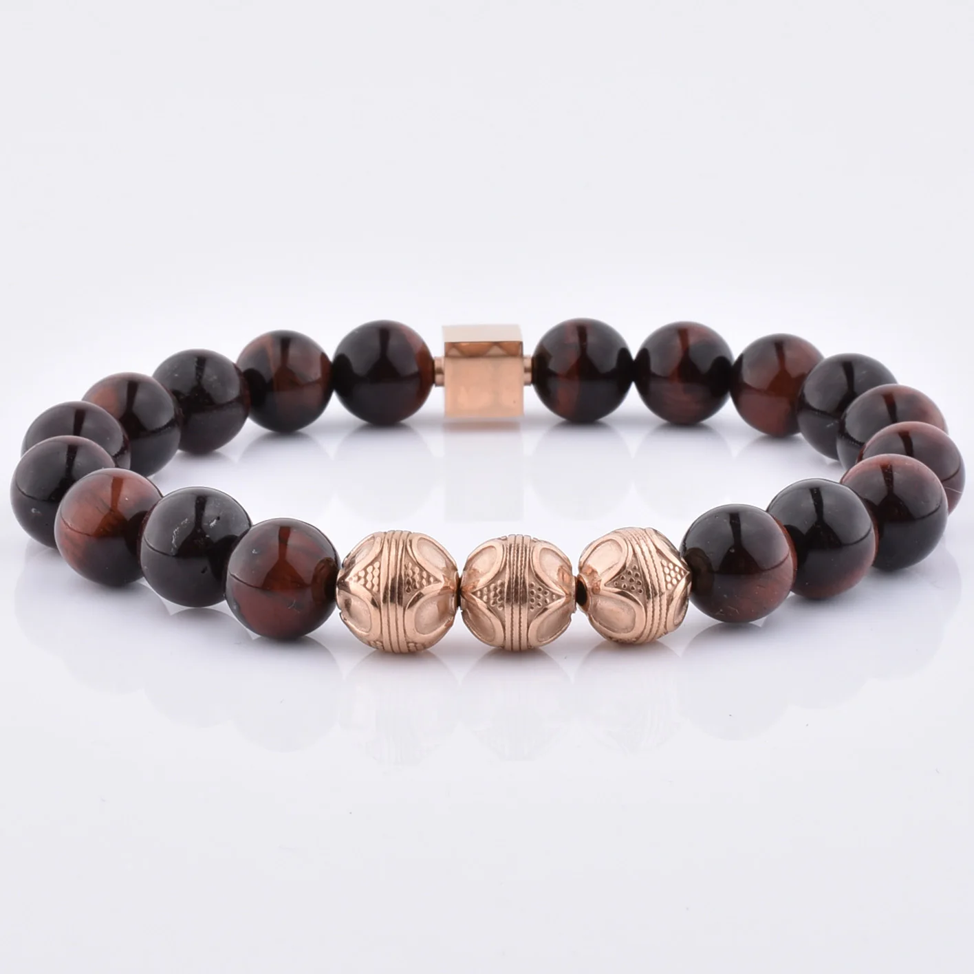 Hot Sale Personalized Rose Gold Polygonal Custom Charm Red Tiger Eye Bracelet