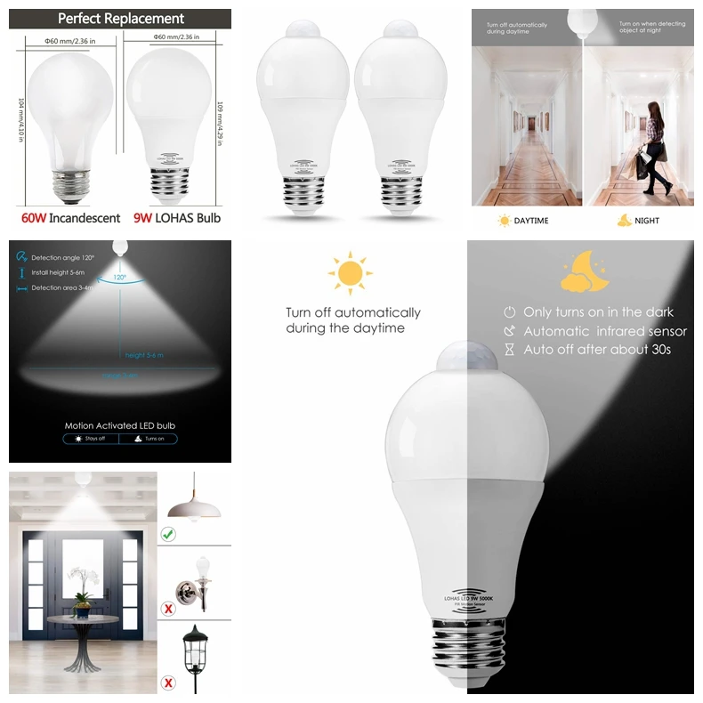Pir Motion Sensor 9w Led Bulb A19 A60 Auto On/off Sensor Led Bulb Buy