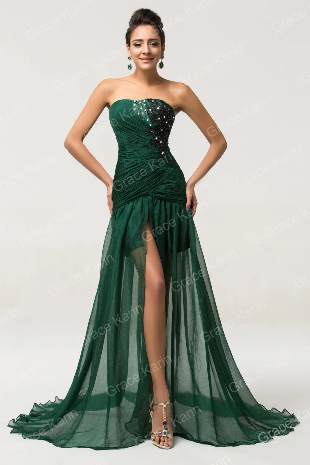 Gk Strapless Floor-length Dark Green Beaded Silk-like High Split Prom ...