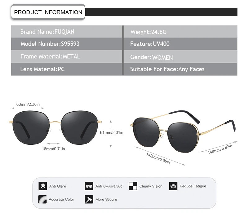 Vintage Round Metal Frame PC 100% UV Protection Retro Women Sunglasses
