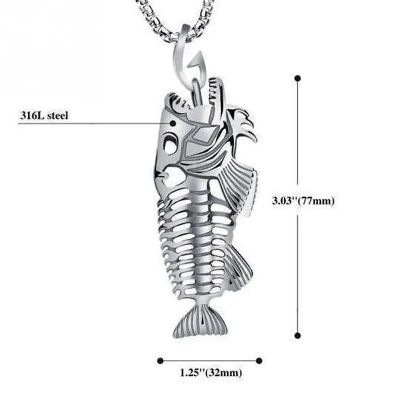 Skeleton Fish Stainless Steel Chain Fish Bone Necklace Pendant 