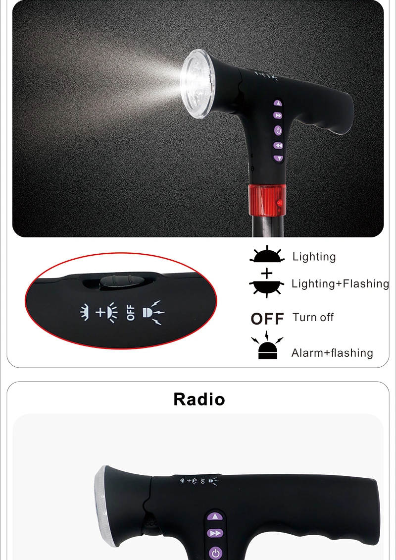 Aluminum Folding Walking Cane With LED Light with Radio with Alarm