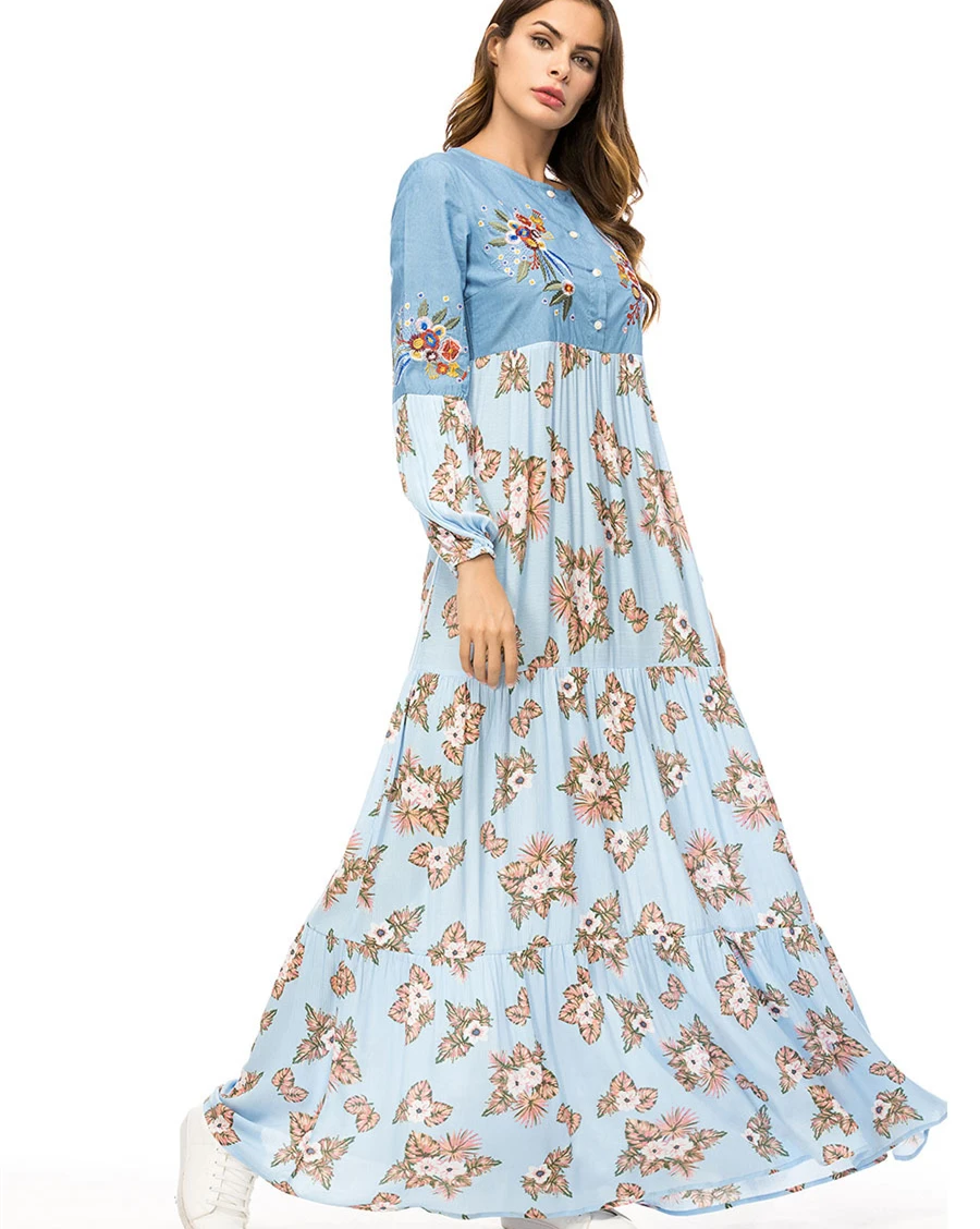 A4267 Elegant Ethnic Floral Long Dress Fashion Contrast Color Block ...