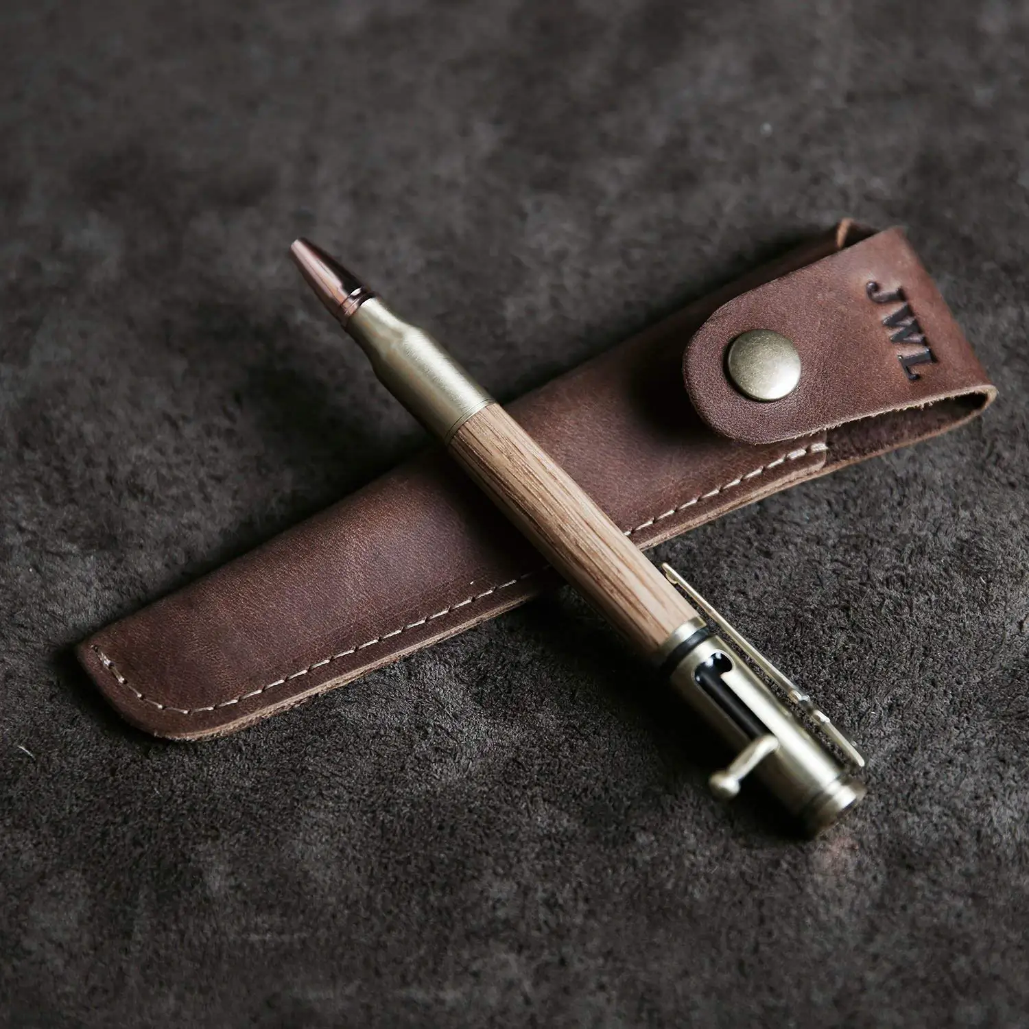 Carved Light Brown Shuxy Crazy Horse Leather Pen Case Holder Handmade Fountain Pen Pouch Protective Sleeve Cover for Ballpoint Pen Stylus Touch Pen