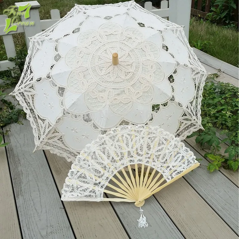 30" Handmade Lace Parasol & Hand Fan For Wedding Bridal Umbrella Free Shipping 