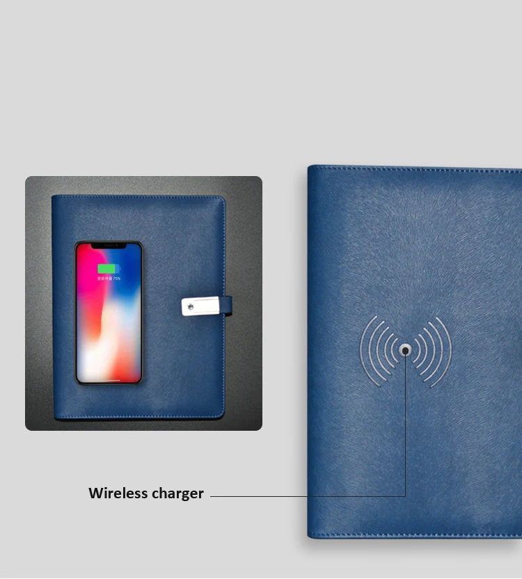Business Planner A5 PU Cover Notebook 8000mAh Power Bank With LED logo USB Flash Drive Wireless Charging Notebook