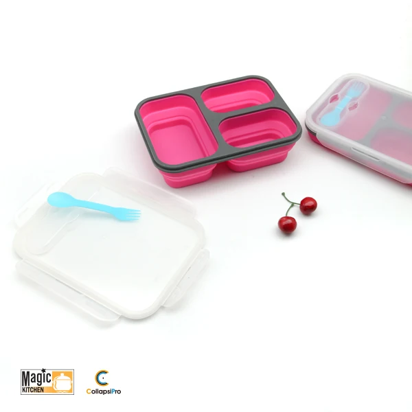 3-Compartment Collapsible Silicone Lunch Box Food Storage Container With Fork Spoon