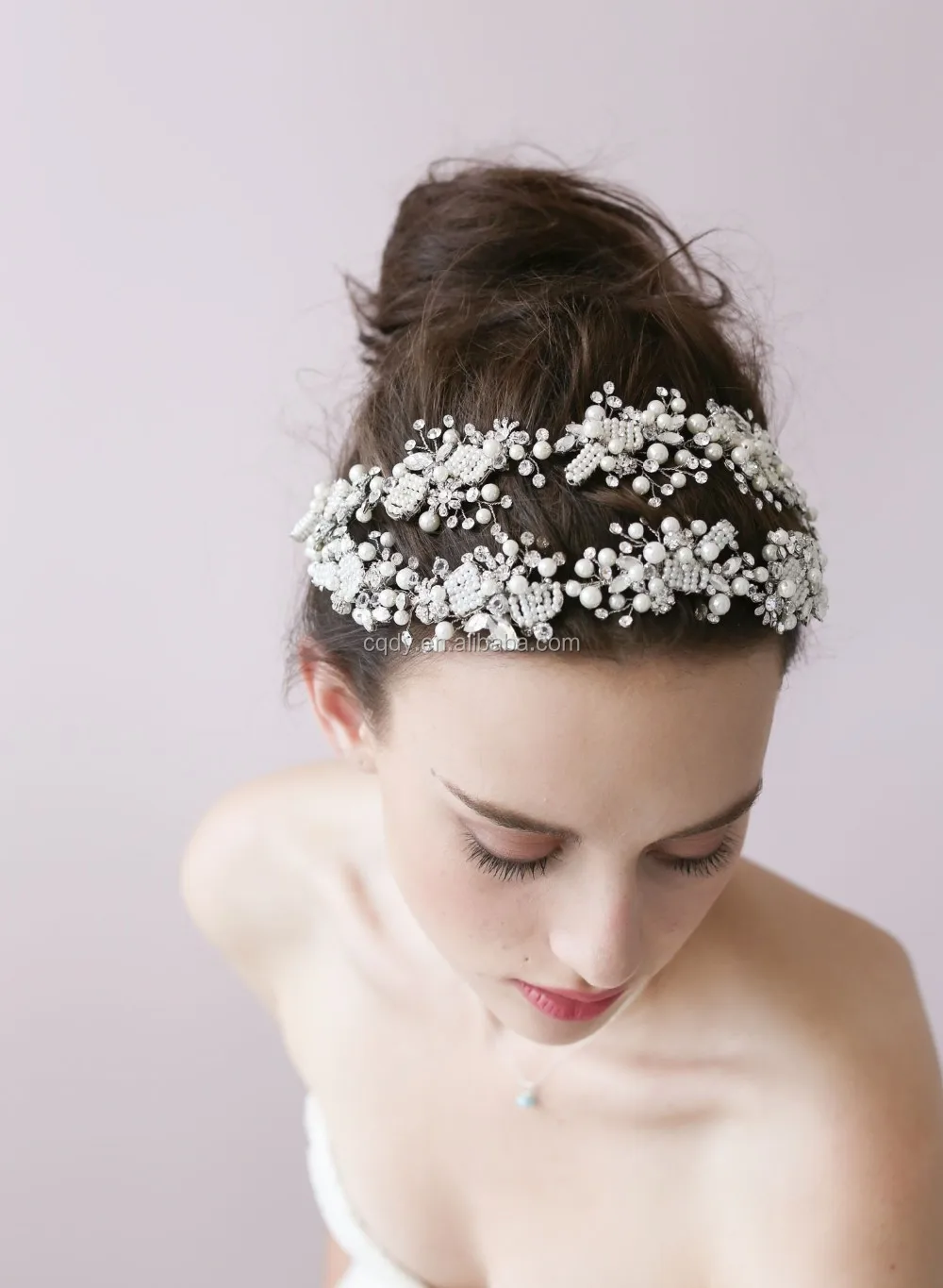 Up To Date Bridal Double Pearl Beaded Rhinestone Forehead Hair Halo ...