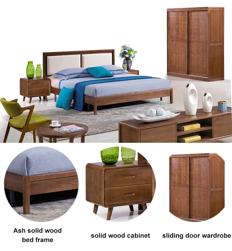 New oak wooden OEM bedroom furniture bed frame set dresser and wardrobe