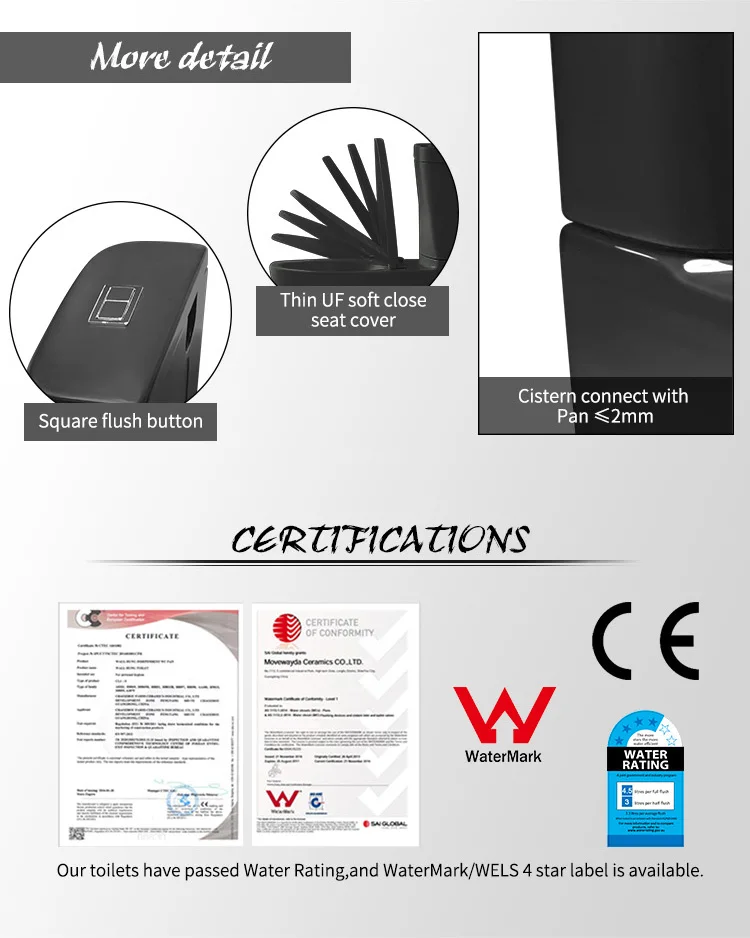 Black toilet urea seat cover 3/4.5L wels flush matte finish