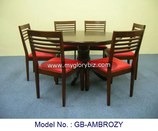 Solid Wood Round Dining Table And Red Pvc Cushion Chairs In 1 6 For Home Indoor Furniture From Malaysia With Stylish Design