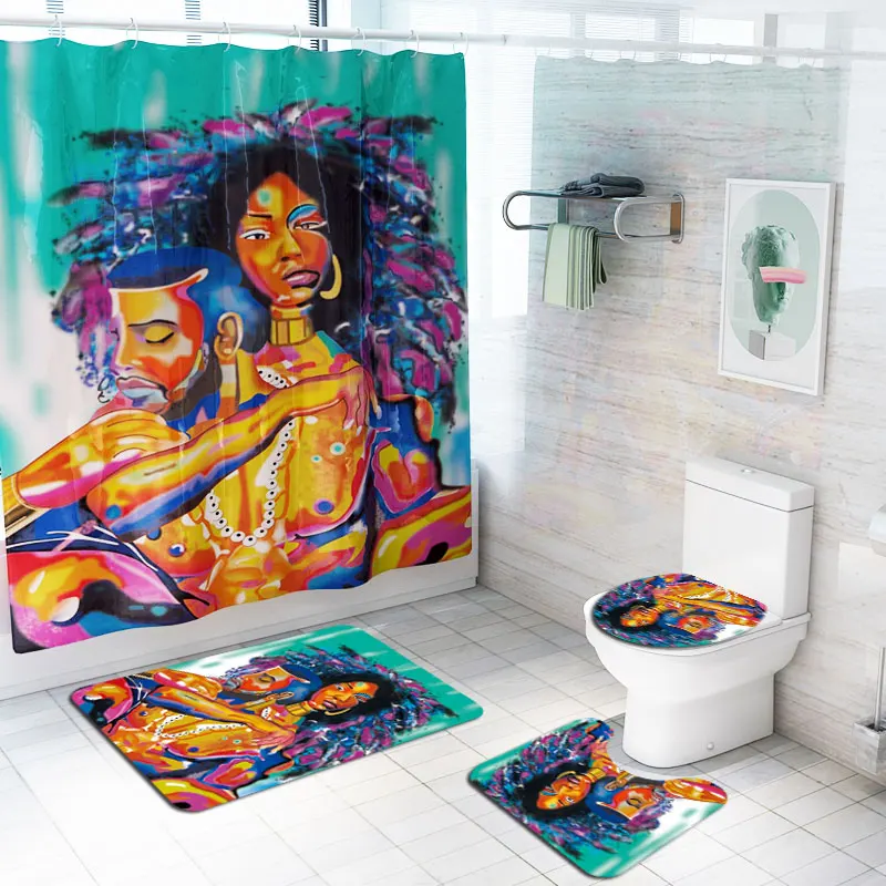 Amazon African men and women customer printed 3 pcs bathroom rug mat match with shower curtain