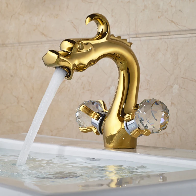 Chinese Dragon Style Washroom Faucets Dual Handle Single Hole Deck Mounted Bathroom Hot Cold