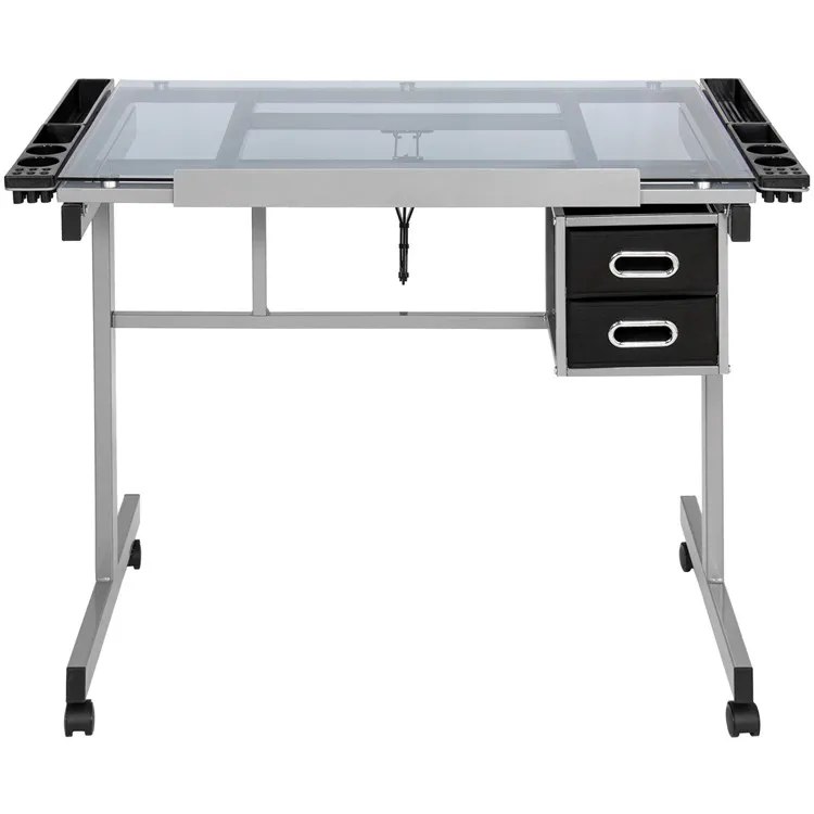 Home Office Drawing Desk Station Tempered Glass Adjustable Drafting