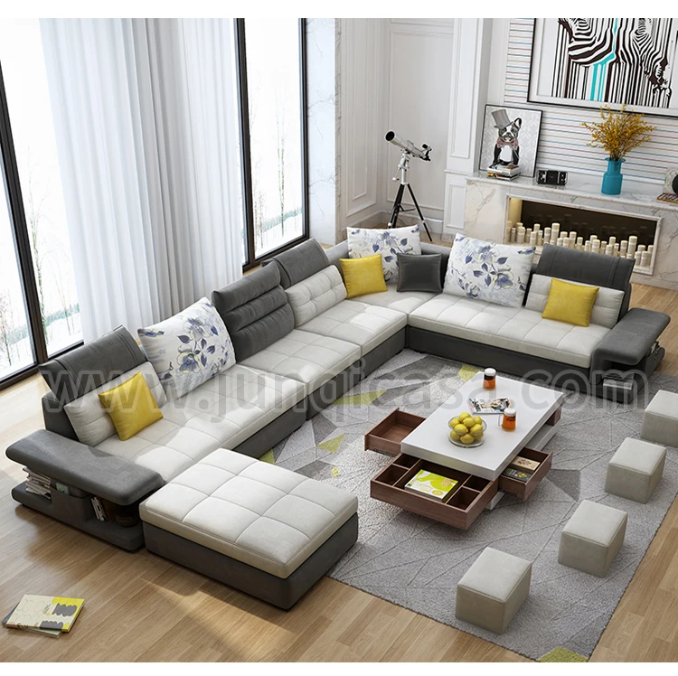 Home Living Room Furniture Modern U L Shaped Couch Fabric Sectional Corner 7 Seater Combination Sofa Set