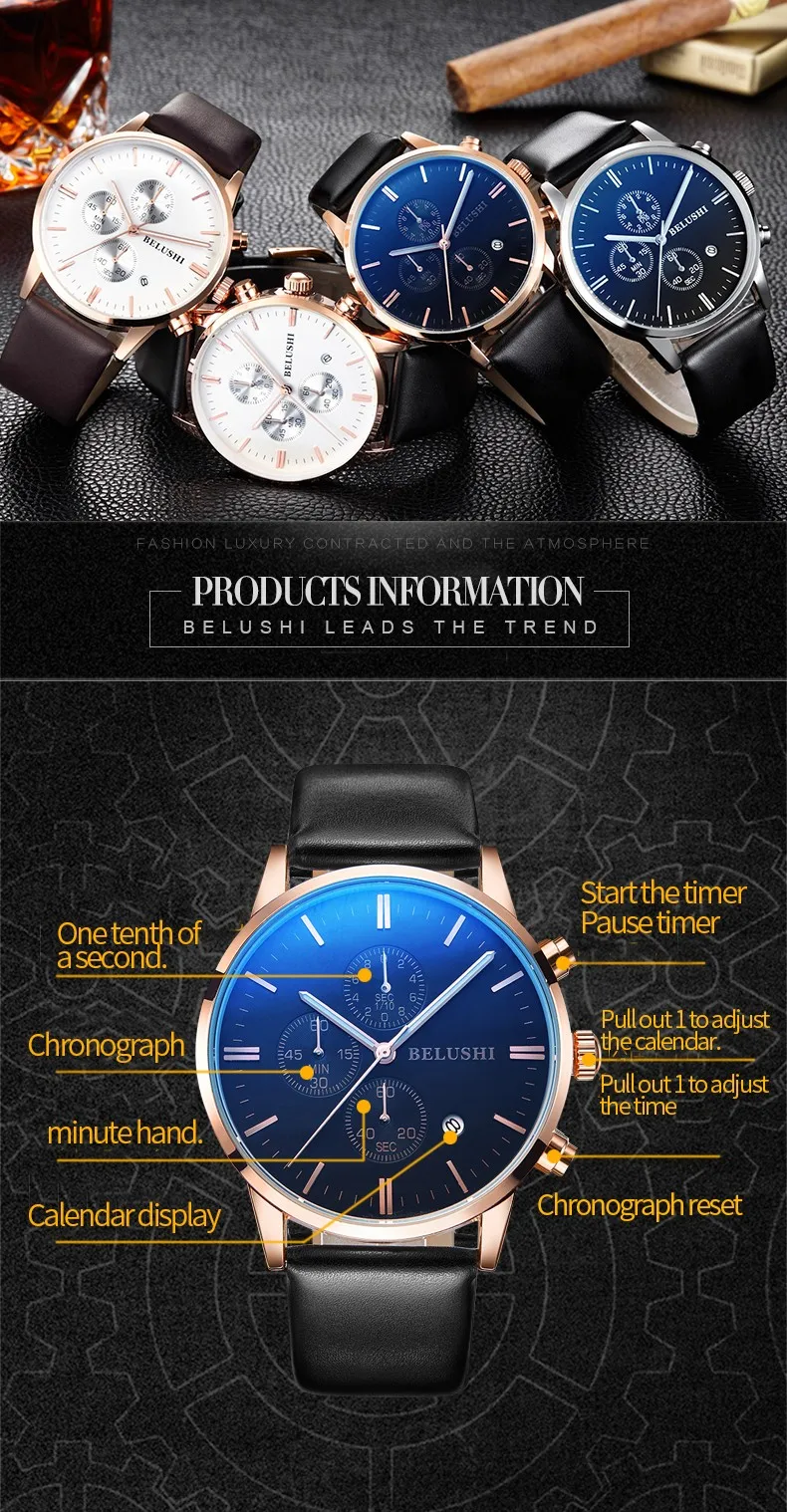 Leather Fashion Luxury Chronograph Waterproof Sport Quartz Hand ...
