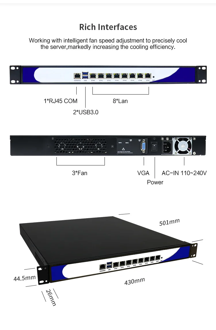 1U Rack Firewall Server - 8 Intel I211-AT 1000M Pfsense