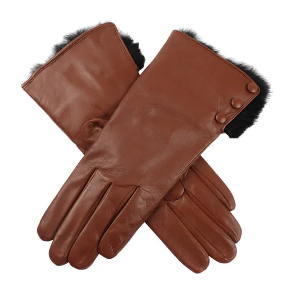 Ladies fashion high quality rabbit fur lined leather glove with buttons