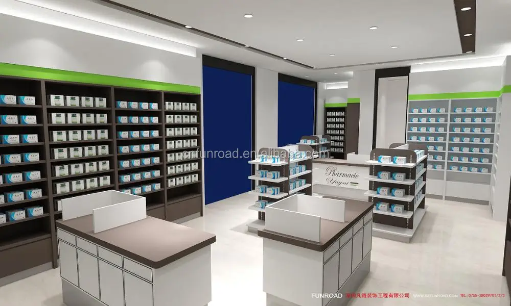 Pharmacy store cosmetic shelf medical store counter design