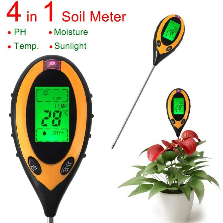 4 In1 Professional Lcd Temperature Sunlight Ph Garden Soil Tester Meter