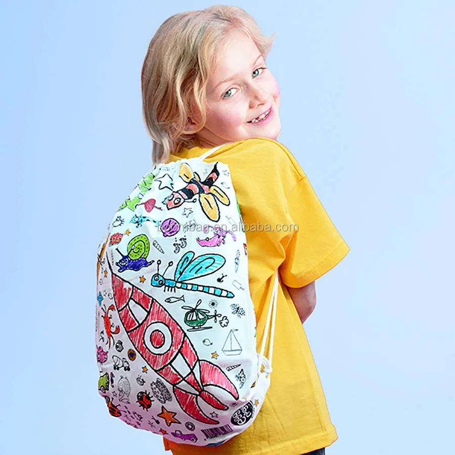 Children Kids Diy Doodle Drawing Coloring Cotton Canvas Drawstring