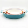 Farmhouse lace pointelle embossed 3-pieces oval shaped bakeware ceramic / stoneware bakeware set with handles