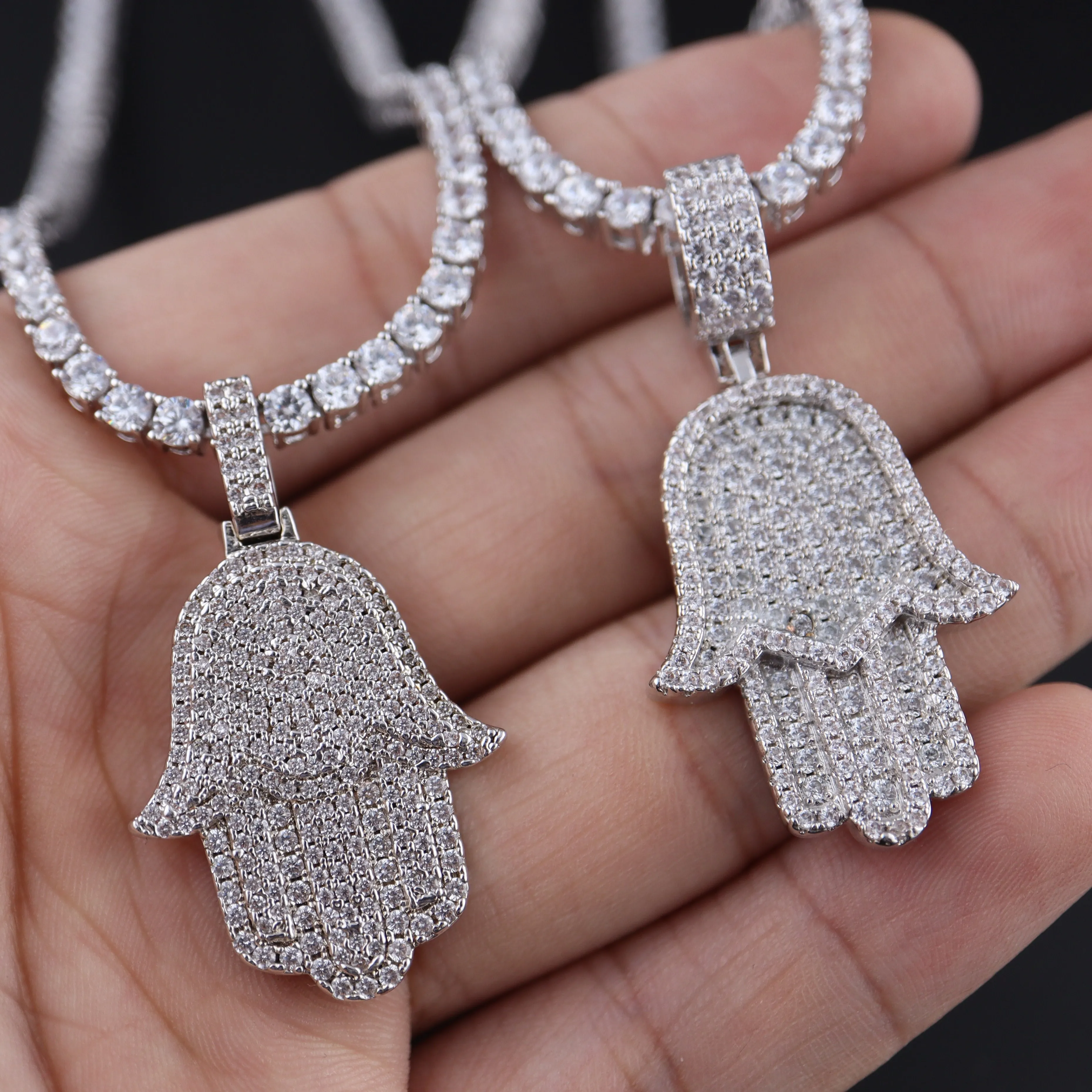 
14K white rhodium plated 925 sterling silver hamsa hand necklace pendant 