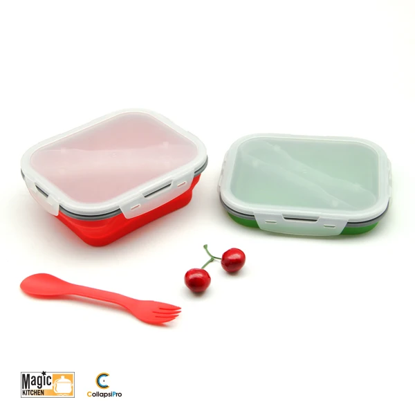 Collapsible Silicone Lunch Box Food Storage Container With Fork Spoon