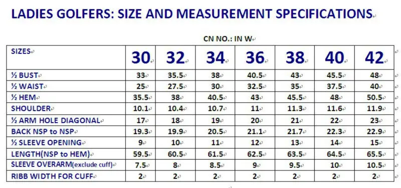 Ladies T Shirt Measurement Chart