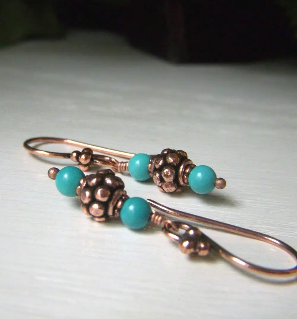 Solid Copper Earrings with Real Turquoise - Bohemian Casual Dangle