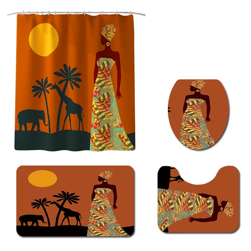 African Women Printing Toilet Pad Cover Bath Mat Shower Curtain Set Four-Piece Set