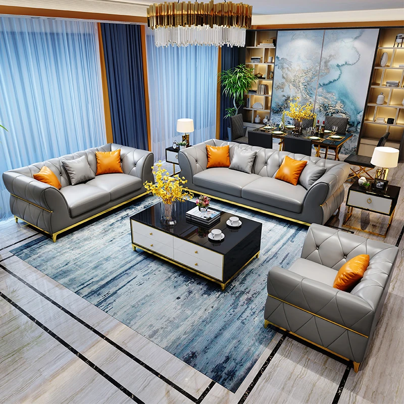 Italian high quality home furniture latest modern design three seater luxury living room leather sofa set