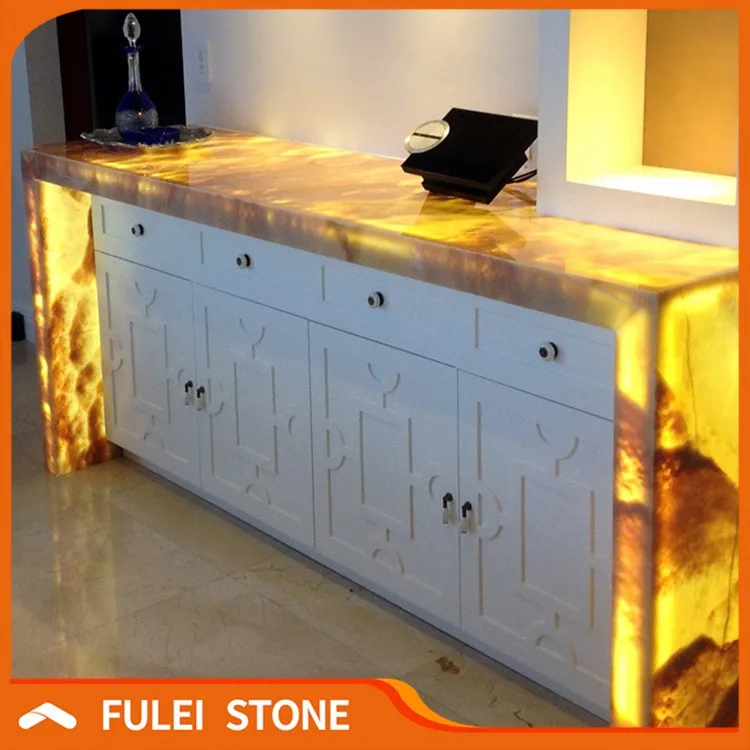 Backlit Orange Onyx Wall Mounted Bar Countertop With Waterfall