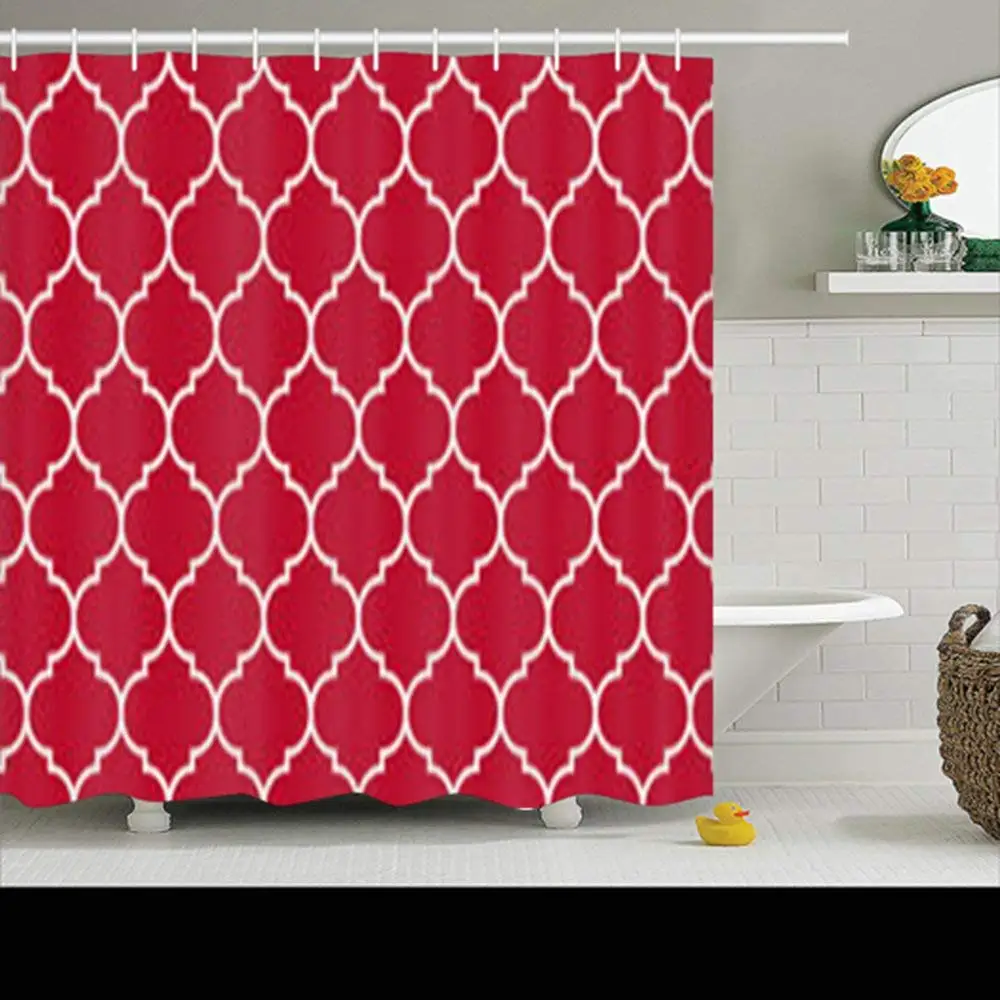 red and white shower curtain