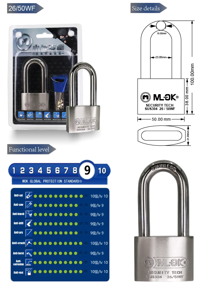 Mok Lock Long Shackle Stainless Steel Padlock Heavy Duty Key Alike