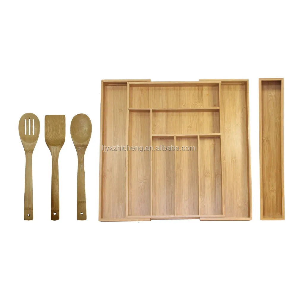 Natural Bamboo Folding Kitchen Drawer Organizer With Cooking