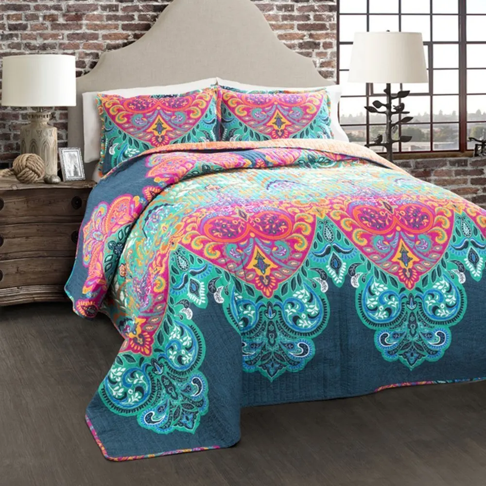 3pc Girls Rainbow Bohemian Quilt Full Queen Set, Colorful Hippie Medallion Flower Motif Aztec Southwest Indian Themed Pattern Navy Teal Blue Pink Orange, Boho Chic Floral Bedding
