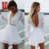 HS fashion polyester women sexy V-neck halter lace stitching long sleeve white chiffon dress